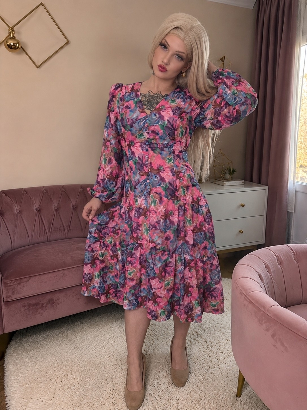 Size  M Endless Rose Floral Midi Dress Size M Pink Purple Puff Sleeve